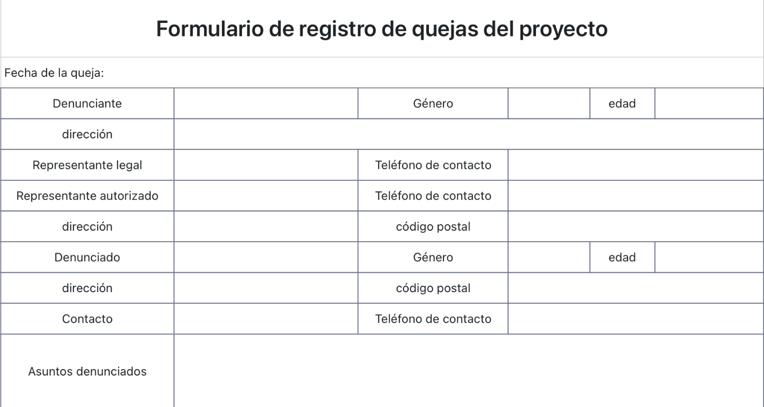 Formulario de registro de quejas del proyecto